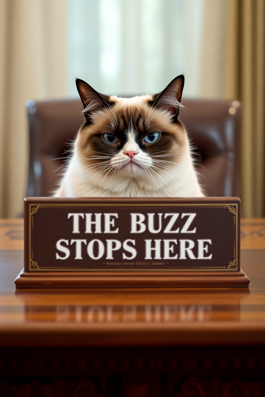 President Grumpy Cat sitting behind the iconic desk sign that sat on President Harry S. Truman's desk in the White House, boldly displaying the phrase 'The Buzz Stops Here.' The sign is rectangular, with a simple yet commanding design, featuring white text on a dark brown or black background. The phrase, famous for symbolizing Truman's sense of personal responsibility and leadership, is prominently centered on the sign, with each word in capital letters. The edges of the sign are slightly beveled, adding a touch of formality. The sign itself rests on a classic wooden desk, surrounded by the dignified setting of the Oval Office, symbolizing the weight of presidential decisions and accountability. <lora:schnell_v1.0:0.8>