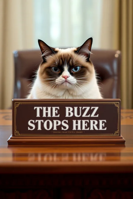 President Grumpy Cat sitting behind the iconic desk sign that sat on President Harry S. Truman's desk in the White House, boldly displaying the phrase 'The Buzz Stops Here.' The sign is rectangular, with a simple yet commanding design, featuring white text on a dark brown or black background. The phrase, famous for symbolizing Truman's sense of personal responsibility and leadership, is prominently centered on the sign, with each word in capital letters. The edges of the sign are slightly beveled, adding a touch of formality. The sign itself rests on a classic wooden desk, surrounded by the dignified setting of the Oval Office, symbolizing the weight of presidential decisions and accountability. <lora:schnell_v1.0:0.8>