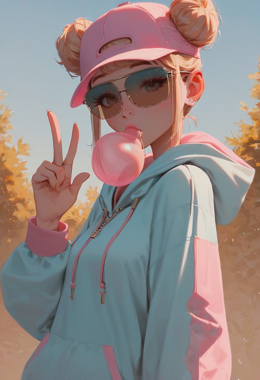 score_9,score_8_up,score_8,score_9,
(((pastel colors, high contrast, expressiveh))),
((1girl, skater girl, blond hair, buns, shades glasses, skater cap, baggy top tank, baggy oversize zip hoodie, bubble gum bubble, squating, finger gesture)),
looking at viewer,
overflow,  sexy belly,
outdoors, in park background
