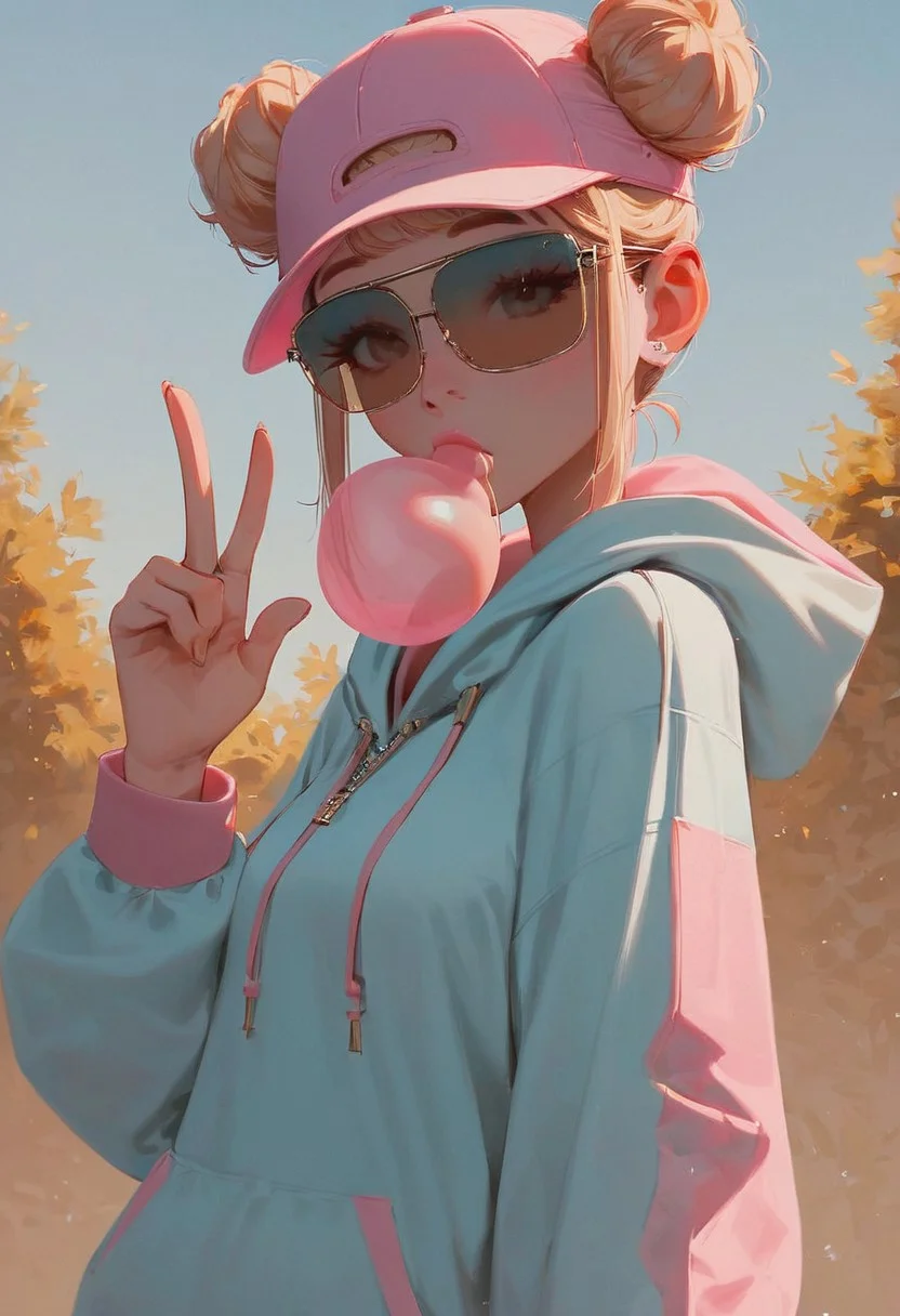 score_9,score_8_up,score_8,score_9,
(((pastel colors, high contrast, expressiveh))),
((1girl, skater girl, blond hair, buns, shades glasses, skater cap, baggy top tank, baggy oversize zip hoodie, bubble gum bubble, squating, finger gesture)),
looking at viewer,
overflow, sexy belly,
outdoors, in park background