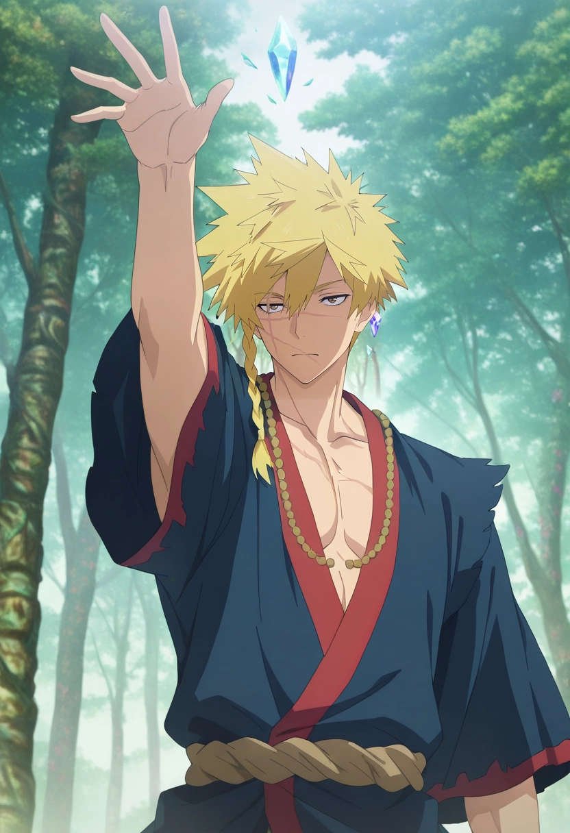 masterpiece, best quality, intricate details, anime screencap, , , , 1boy, solo, male focus, <lora:choubei_aza_ilxl:1>, choubei_aza, blonde hair, brown eyes, long hair, braid, spiked hair, scar, scar on face, , crystal forest, geometric trees, light prisms, floating shards, reaching up, wonder expression, morning,