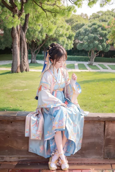 (best quality, masterpiece: 1.1), (realistic, photo-realistic: 1.1), beautiful detailed eyes,<lora:hanfu_v29:0.8>, ming hanfu, (ming style outfits,  1girl wearing short coat  and mamian skirt,overlapping collar:1.2),(full body:1.3),<lora:taiwanDollLikeness_v10:0.3>
