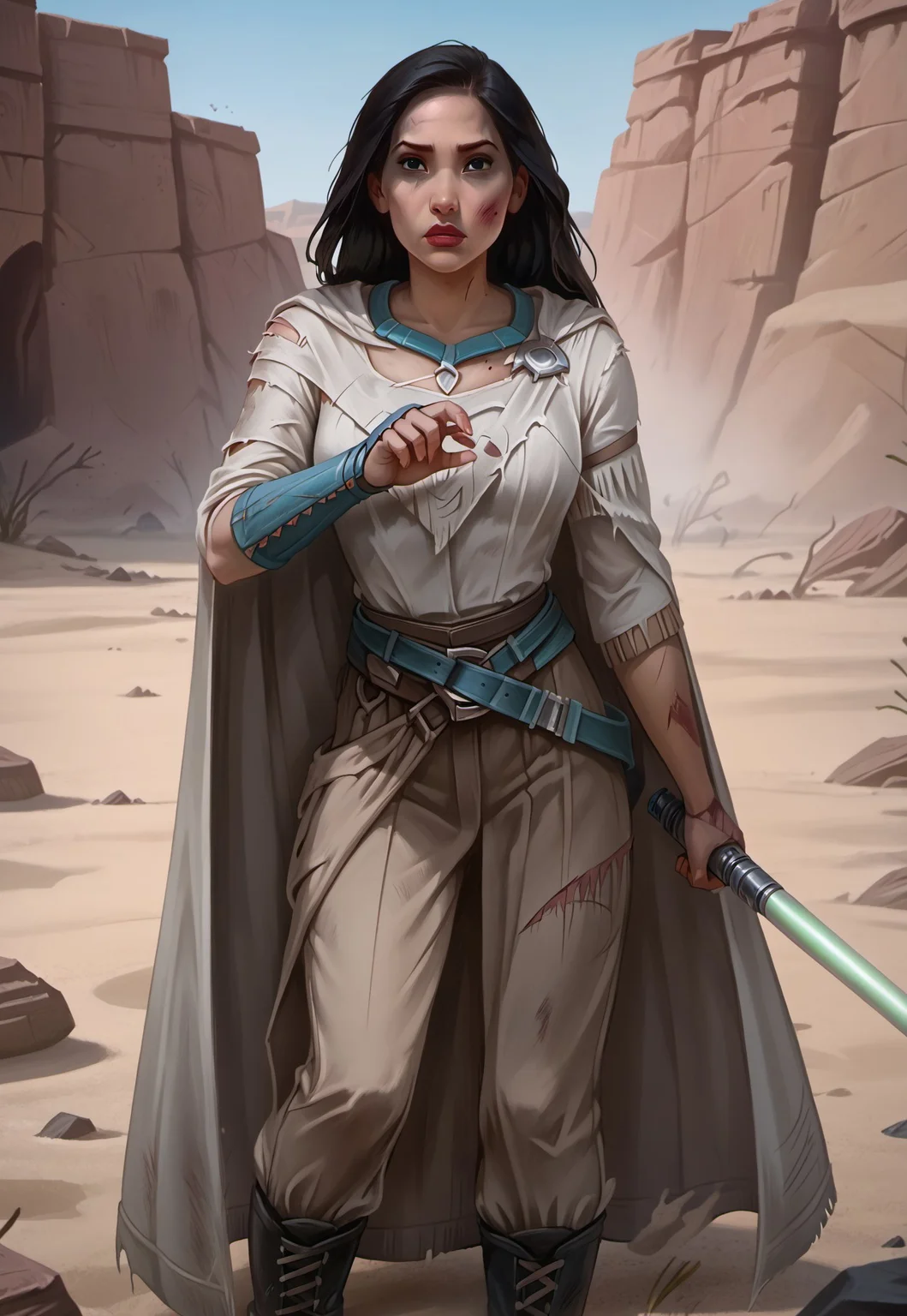 safe_pos, ((zPDXL3)), OZRN, digital art, score_9,score_8_up,score_7_up,score_6_up, face focus, waist-up portrait, absurdres, masterpiece, high res, detailed,
1girl, solo, (((DisneyPocahontas, 1girl, black hair, black eyes, long hair, dark skin))), (d4rkr3v4n4rm0r, white robe, cape, hood down, breastplate, gauntlets, belt, pants, belt boots), (holding lightsaber, green lightsaber), calm expression, makeup, beautiful woman, action pose,
BattleDamage, cuts, bruises,
in danger, distressed, alarmed, (combat stance),
dramatic, danger, dutch angle, dof, sand desert background, perfect, Hand, detailed, perfection, hands,
<lora:bastilashan:1> <lora:Battle_Damage:0.3> <lora:hand 4:0.5>