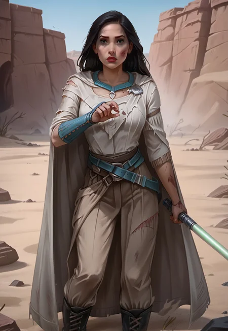 safe_pos, ((zPDXL3)), OZRN, digital art, score_9,score_8_up,score_7_up,score_6_up, face focus, waist-up portrait, absurdres, masterpiece, high res, detailed,
1girl, solo, (((DisneyPocahontas, 1girl, black hair, black eyes, long hair, dark skin))), (d4rkr3v4n4rm0r, white robe, cape, hood down, breastplate, gauntlets, belt, pants, belt boots), (holding lightsaber, green lightsaber), calm expression, makeup, beautiful woman, action pose,
BattleDamage, cuts, bruises,
in danger, distressed, alarmed, (combat stance),
dramatic, danger, dutch angle, dof, sand desert background, perfect, Hand, detailed, perfection, hands,
<lora:bastilashan:1> <lora:Battle_Damage:0.3> <lora:hand 4:0.5>