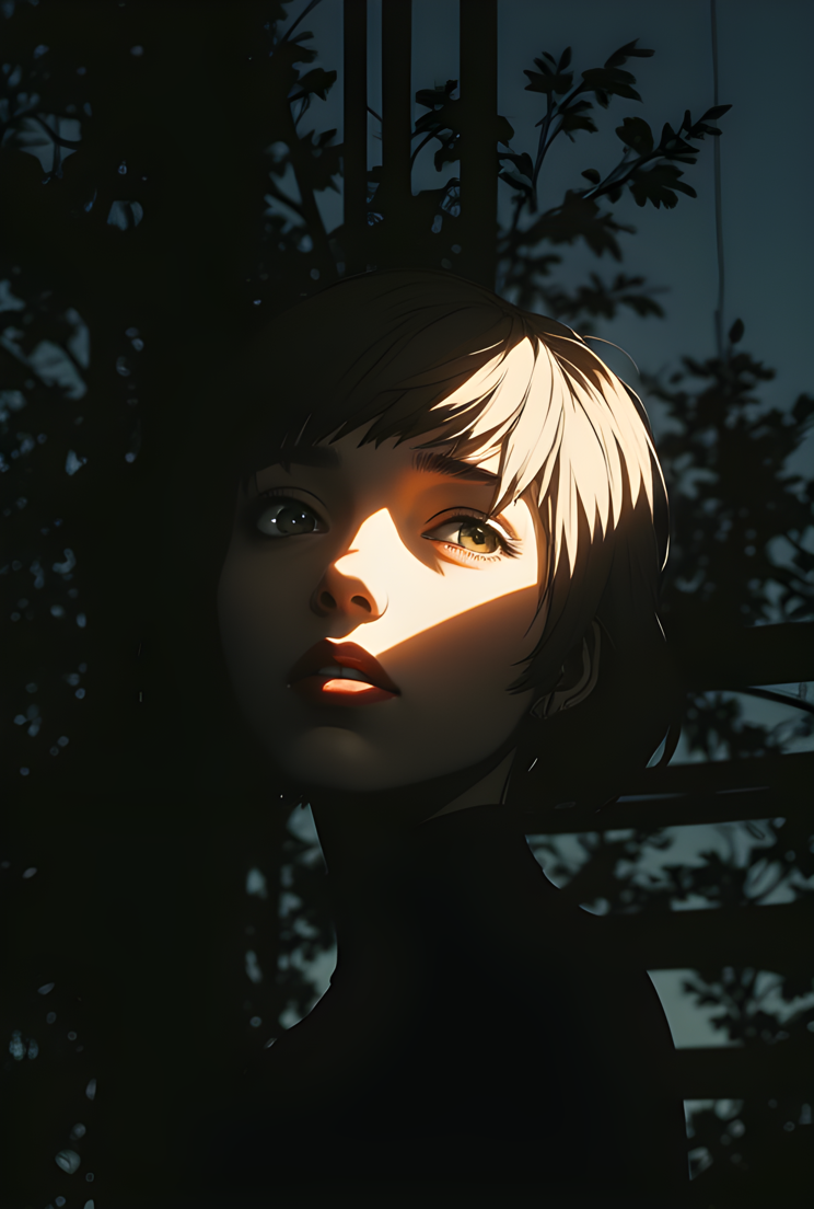 A high-contrast, low-light portrait of a person with short hair. The individual's face is partially illuminated by a strong light source coming from the side, creating dramatic shadows and highlights. The lighting accentuates the contours of their face, particularly around the eyes, nose, and cheekbones.
The background is dark and out of focus, which helps to draw attention to the subject. There are some blurred elements in the background that suggest an outdoor setting, possibly with trees or foliage, but these details are not clearly defined due to the darkness.
The overall mood of the image is mysterious and somewhat intense, with the interplay of light and shadow adding a sense of depth and drama. The person's expression is neutral, with their gaze directed towards the camera, creating a direct and engaging connection with the viewer.
The use of light and shadow, combined with the dark background, creates a powerful and evocative visual experience, capturing a moment of quiet intensity and reflection.
BREAK j_art, anime, anime art, <lora:FLUX\jul\J_Anime:0.7>, <lora:FLUX\Anime Art V3:0.1>, <lora:FLUX\Flux-jijia:0.2>