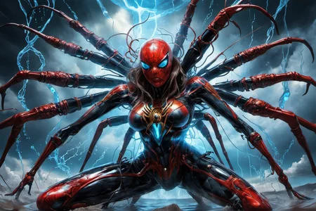 portrait of a gigantic spider,awardwinning, 8k, atmospheric,dramatic,godlike,superpowers,power surge,epic,representation of absolute power,dense particles in the atmosphere,in the style of aleksi briclot,sandra chevrier and mythsxl,<lora:mythsxl:1>
