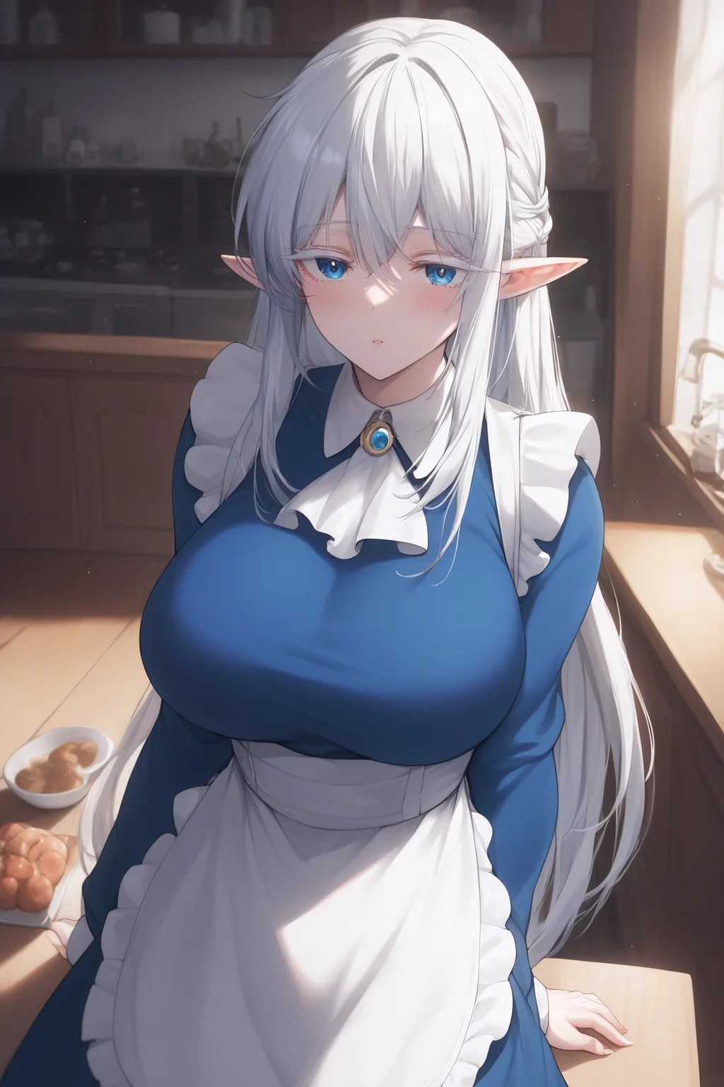 score_9, score_8_up, score_7_up, BREAK source_anime, <lora:Schnee Raizar-PonyXL-lora-Faxtron:1> schnee raizar, blue eyes, white eyelashes, white hair, long hair, large breasts, pointy ears, long blue dress, white apron, long sleeves,