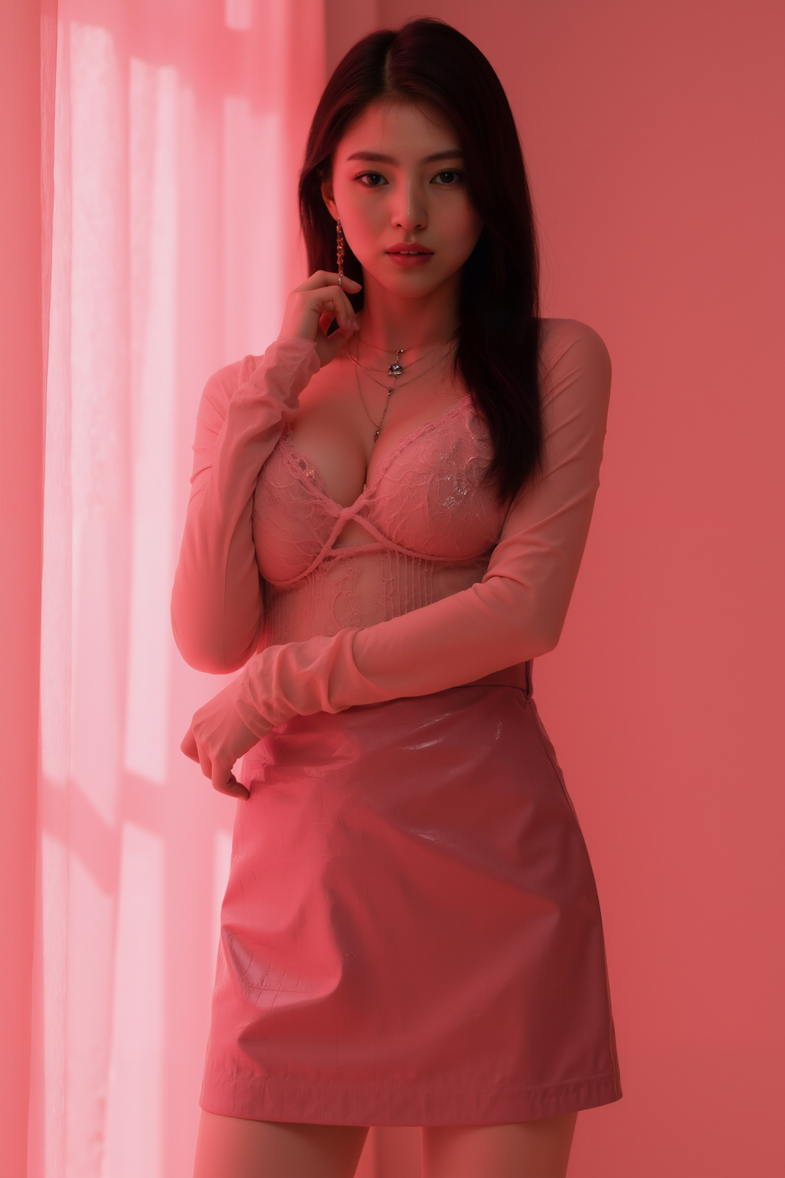 This is a high-resolution professional full body photograph featuring a young woman is posed in a standing contrapposto stance, with subtle weight shifted to one leg to create a natural S-curve in the body silhouette. This classic posing technique creates visual interest and a sense of elegance.

She is wearing SGWN11Clothing, sheer long-sleeve lace top, shiny leather skirt.

The lighting features a high-contrast, monochromatic white color scheme that creates a moody, intimate atmosphere. 

The photography technique uses what appears to be soft lighting to create a glamorous effect, with careful attention to highlighting contours while maintaining the dominant pink color scheme throughout the frame.

The overall aesthetic combines elements of fashion photography, traditional Asian visual motifs, and contemporary boudoir styling. The dramatic pink lighting creates a cohesive visual theme that ties all elements of the composition together.

The white light emit on her to show her feature.