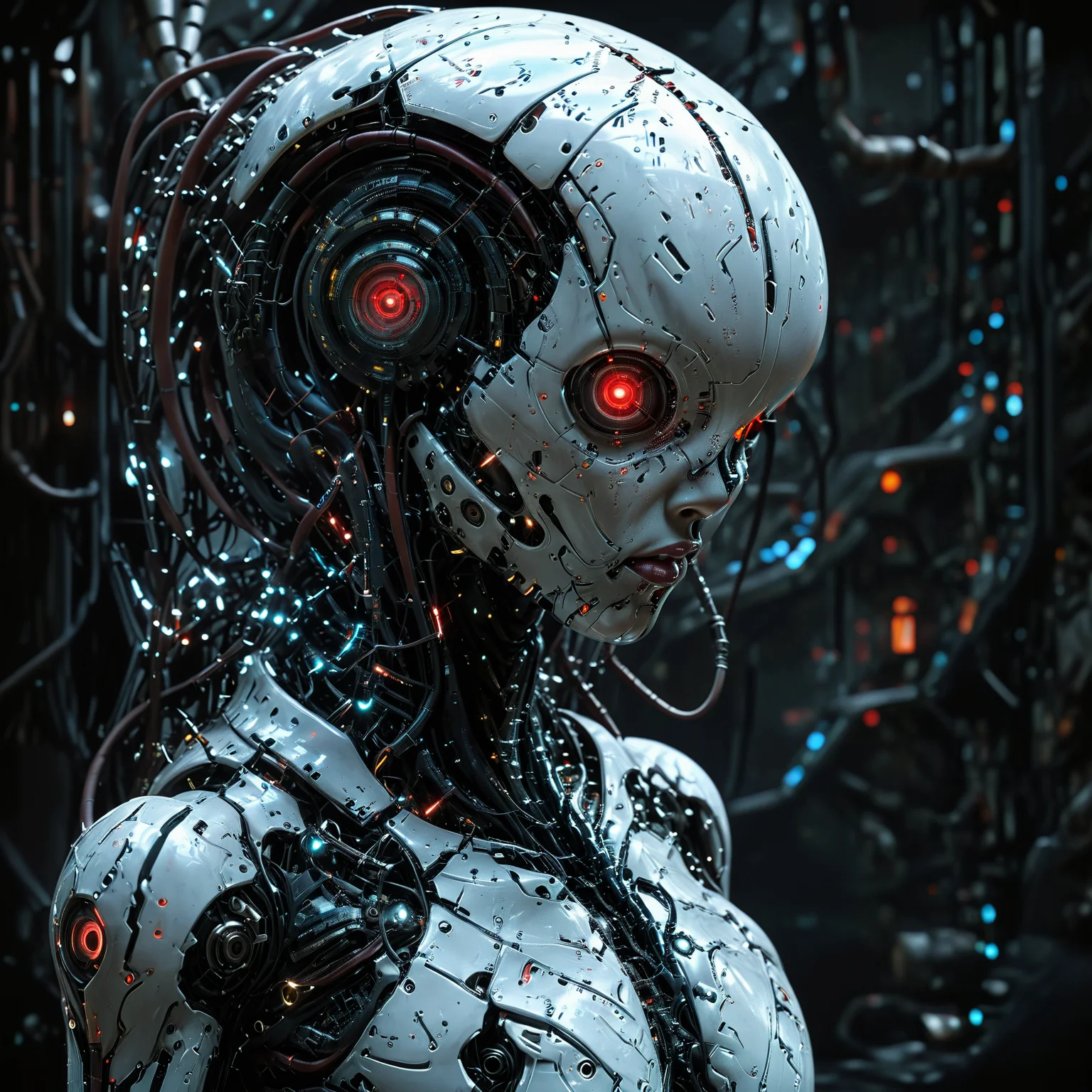 (biopunk sexy woman:1.2) with cybernetic features, cinematic, cyberpunk elements, amazing detailed, grim sci-fi, biomorph, organic and mechanical, natural light, beautiful cleavage, glowing red eyes <lora:Dark_Futuristic_Circuit_Boards:0.6> circuitboard, dark futuristic <lora:hyperkraximalism_v1-1:0.2> <lora:Faceless_Cyborgs:0.9> <lora:SDXLFaeTastic2400:0.6>
