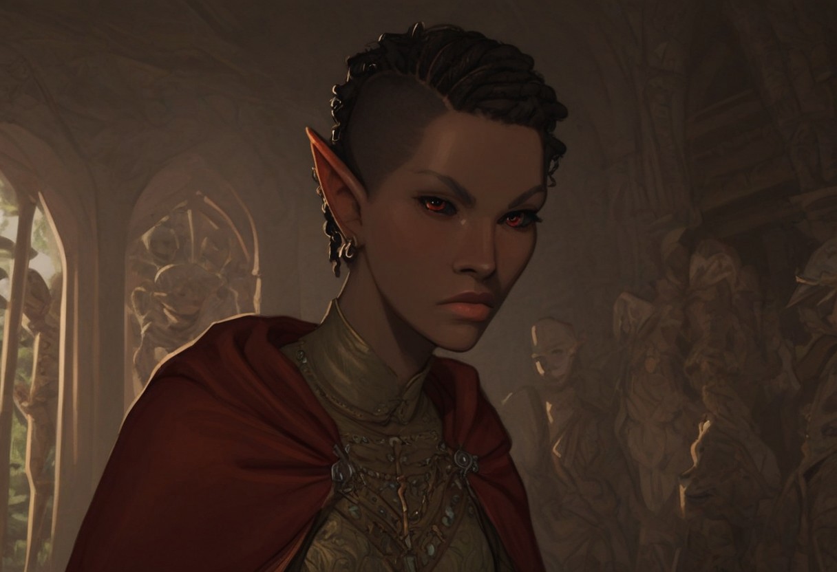 short pointy ears, piercings, nord woman, random elf face, aquiline features, dark elf, weathered skin, large nose, animated realism, zoomed out, Syrian features, torso, brass pipes and gears, intricate architecture, dwarven masonry, dwemer fixtures, white-green light, gloomy lighting, ancient ruins, interior, stone tiled floor, grey-blue skin, mahogany and ivory clothes, medium armor, bone plate armor, ivory straps and fittings, grey wood neckguard, dark red sclera, black pupils, distant mushroom forest, blue-green light, neon, highly detailed, defined features, looking at viewer, three quarters view, from front, dynamic lighting, 36 years old, light and shadows, patterned cloth, annoyed expression, expressive eyes, detailed medieval clothes, medium_breasts, cropped hair, wavy hair, thick hair, beaded hair, braided hair, under cut hair, semirealistic, alien elf, spanish features, jewish features, black hair, dark red hair, umber skin, sharp features, pastel green berber print cloak, nighttime, high detail, absurdres, pretty eyes, detailed eyes, red eyes,