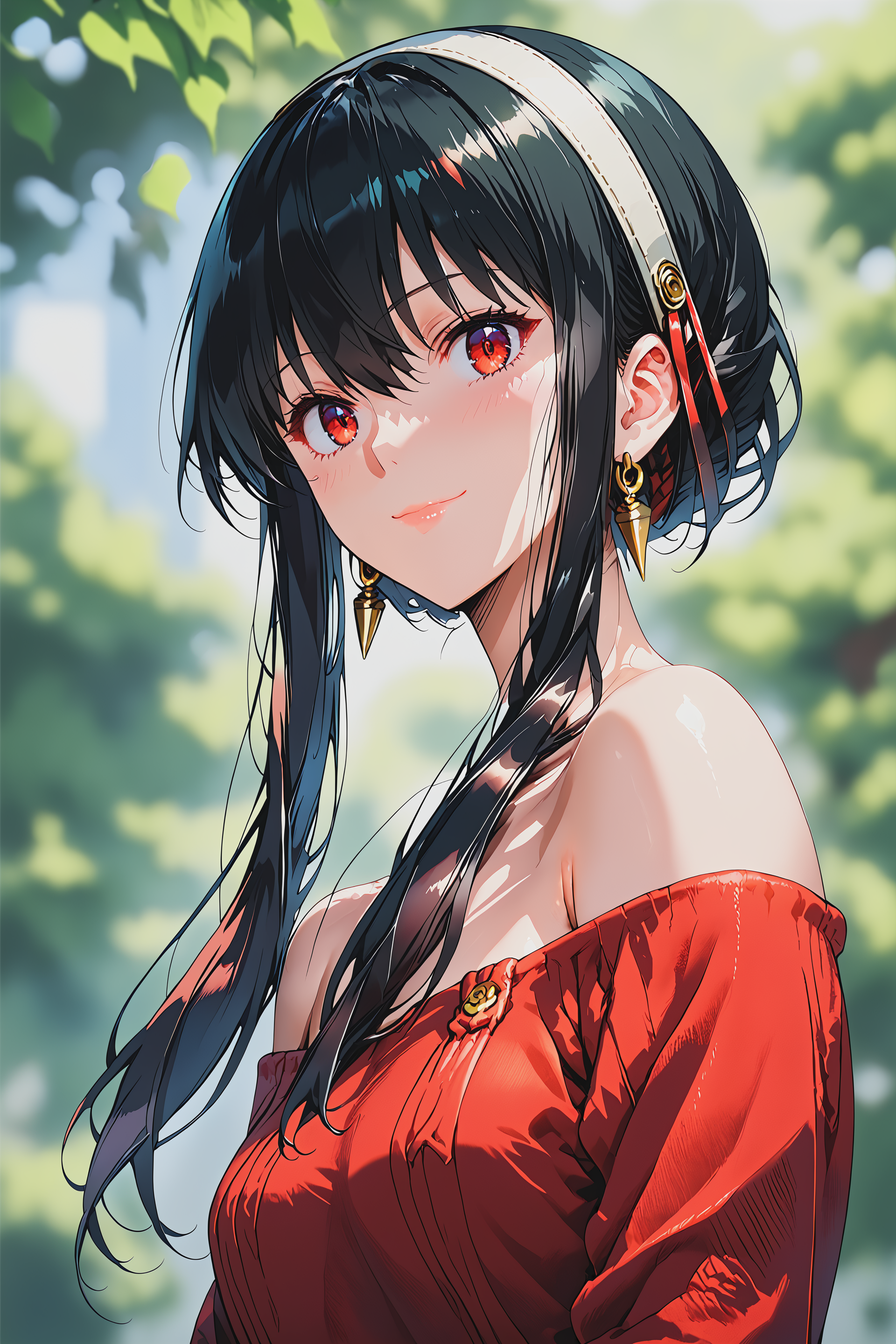 score_9, score_8_up,  score_7_up, source_ANIME,
ceiiai ceiistyle,
yor briar, yyorr, red sweater, sidelocks, (twin sidelocks), red eyes, black hair, bangs, off shoulder, off-shoulder sweater, bare shoulders, white hairband, bare neck, thick sidelocks, hairband with red string, long locks,
side chest button, upper body, close-up, looking at viewer,
light smile,
blurry background, white green wall, sculpture molding, lips,