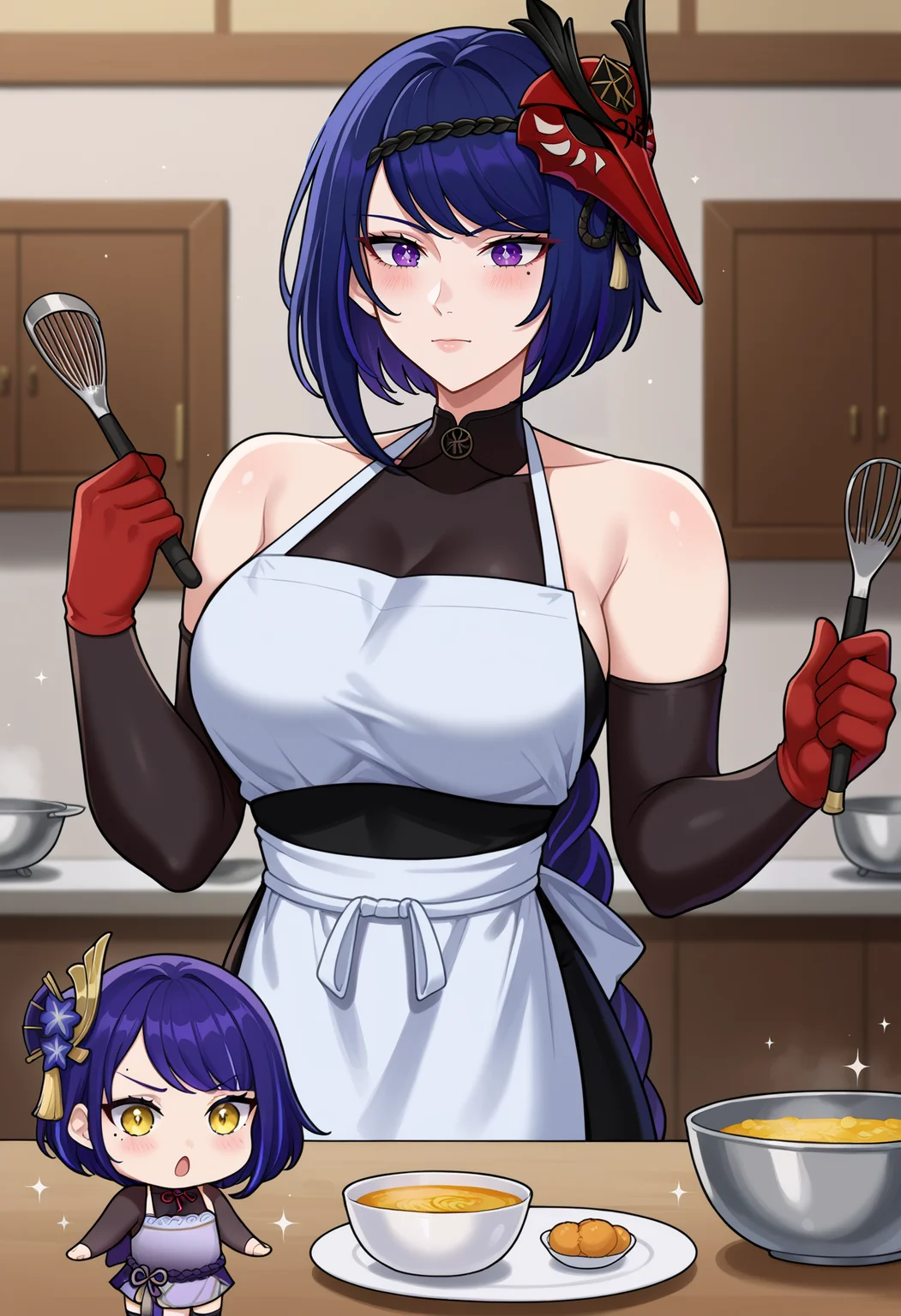 score_9, best quality, masterpiece, uncensored, source_anime
BREAK
kujou sara, raiden shogun, 2girls, apron, bare shoulders, blue hair, blush, chibi, cooking, counter, gloves, halterneck, mask, mask on head, mixing bowl, mole, mole under eye, multiple girls, plate, purple eyes, purple hair, red gloves, sparkle, twinkle eye, whisk, wide-eyed, yellow eyes, chibi
<lora:sciamano240_pony_v2:1>