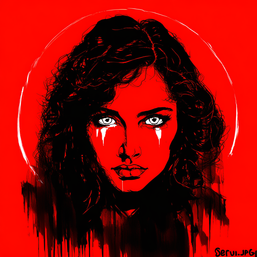 SeruJPG, red background, a woman with white eyes looking at the viewer