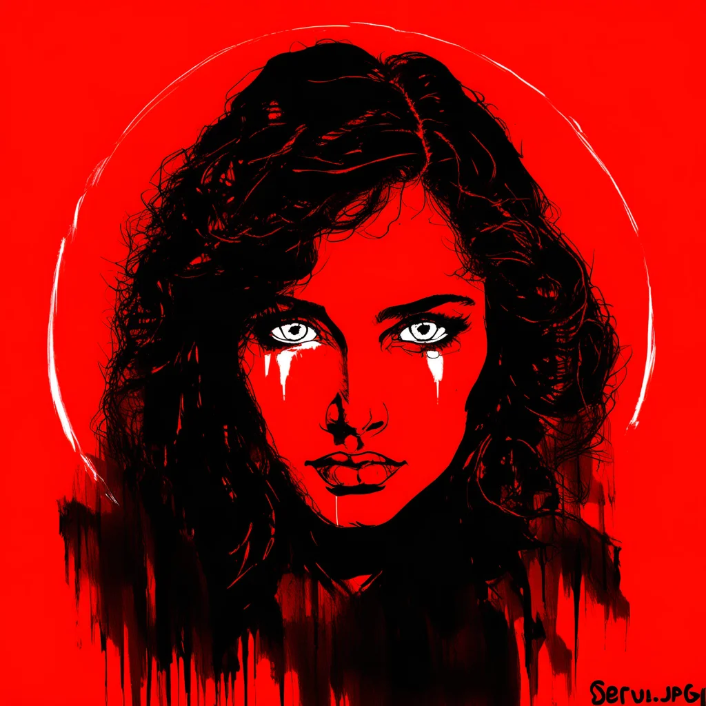 SeruJPG, red background, a woman with white eyes looking at the viewer