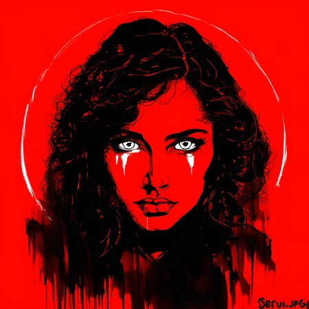 SeruJPG, red background, a woman with white eyes looking at the viewer