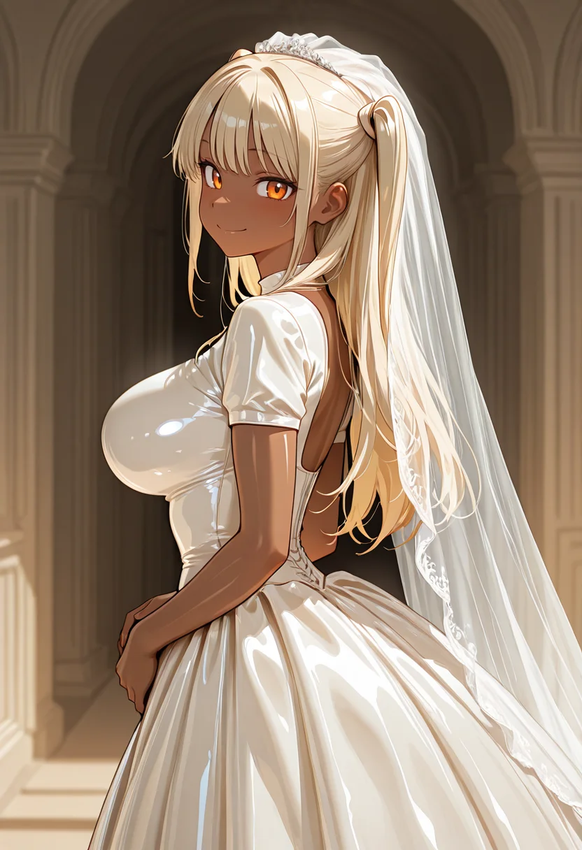 masterpiece,best quality,amazing quality, very aesthetic, ((outlined outlined vector graphics)), cute face, (glow eyes:0.5) , from side, looking at viewer ,beautiful scenery,
1girl,
20yo, large breast, orange eyes, (blonde hair:1.3),long hair, (two side up:1.1), (dark skin:1.2), dark skin girl, (tall:1.2), ,bangs
,
smile , latex wedding dress,latex-wedding-dress, veil, wedding dress,short sleeve <lora:latex-wedding-il-01:0.8>