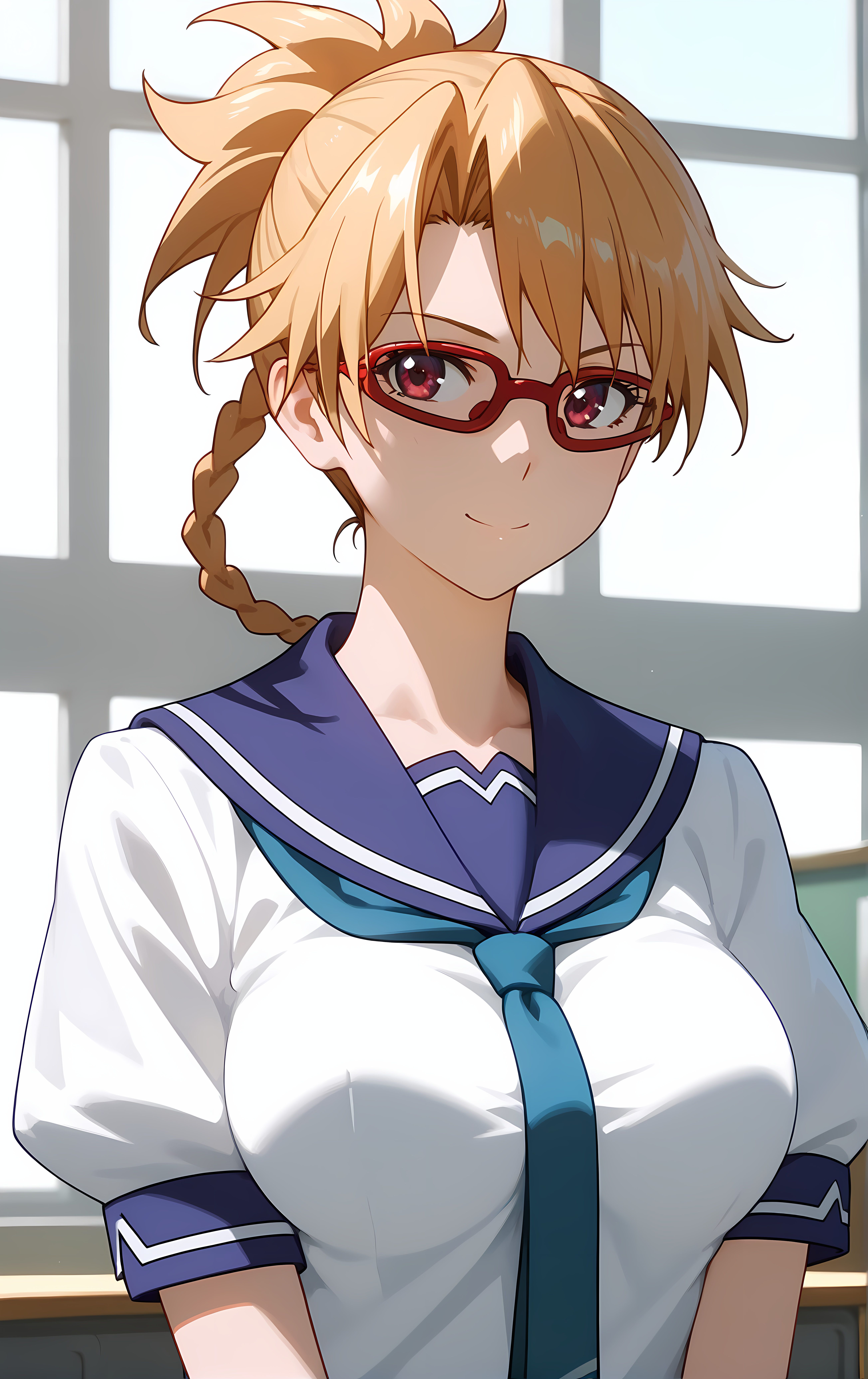 (score_9, score_8_up, score_7_up), standing, looking at viewer, closed mouth, light smile, tight clothes, close-up,
ohwx, 1girl, solo, school_uniform, glasses, braid, breasts, skirt, blonde_hair, red-framed_eyewear, pleated_skirt, large_breasts, serafuku, long_hair, blue_skirt, necktie, ponytail, sailor_collar,
 <lora:furan_takaki_pony_ss:1>
window, sunlight, classroom,