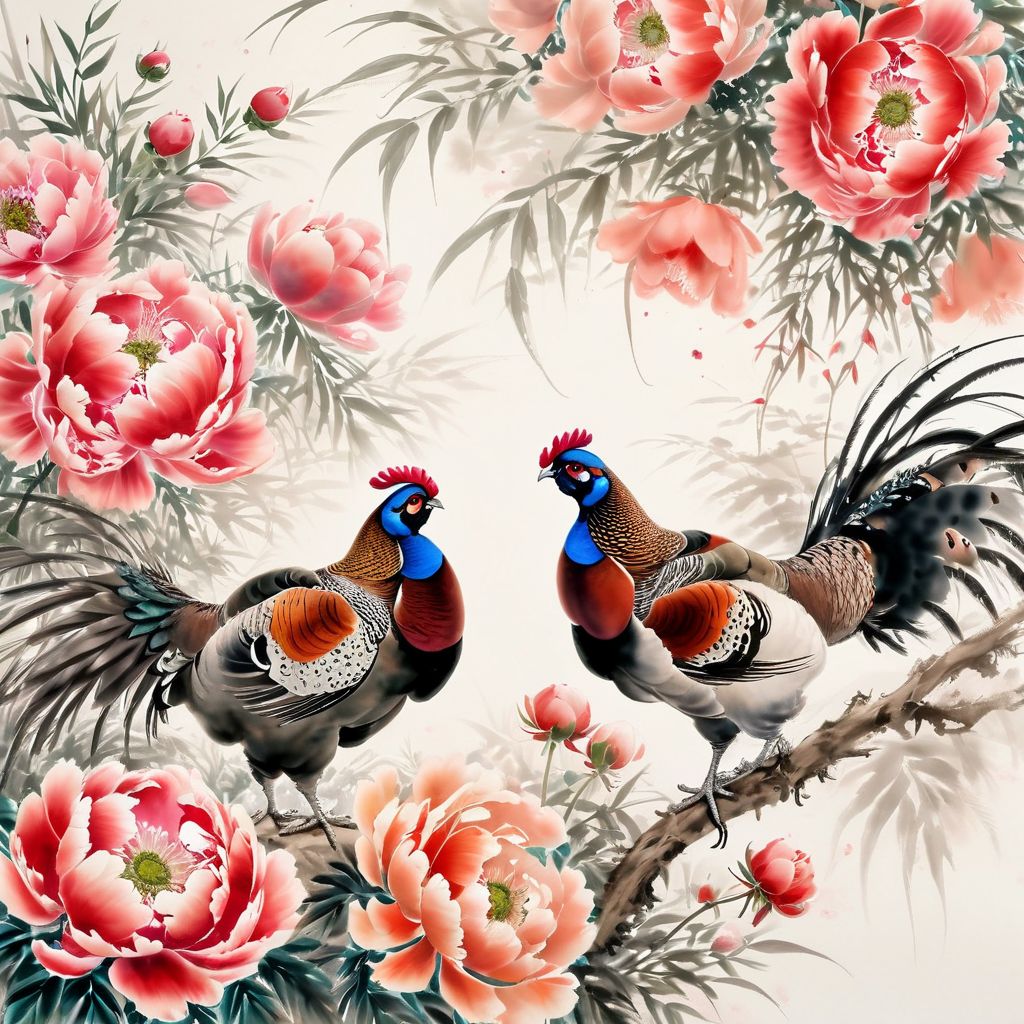 <lora:Ath_ink-painting_XL:1>,ink-painting,ink anf wash,painting \(medium\),traditionalmedia,watercolor\(medium\),Two beautiful pheasants stroll under the blooming peonies, (masterpiece, best quality, high quality, highres, ultra-detailed),
