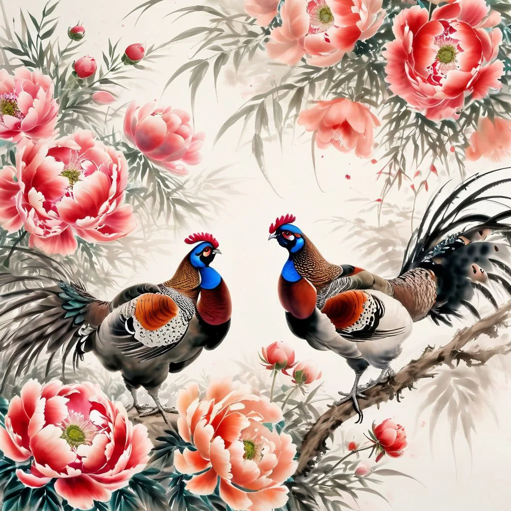 <lora:Ath_ink-painting_XL:1>,ink-painting,ink anf wash,painting \(medium\),traditionalmedia,watercolor\(medium\),Two beautiful pheasants stroll under the blooming peonies, (masterpiece, best quality, high quality, highres, ultra-detailed),
