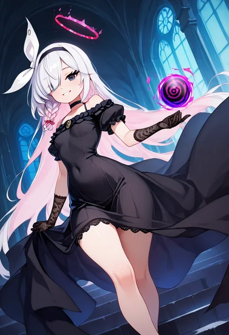 masterpiece, best quality, solo, curvy, beautiful eyes,  narrow waist, wide hips, zzPlana, grey eyes, white hair, bangs, braid, ribbon, halo, hair over one eye, black choker, bow hairband, hairband,  dynamic angle, foreshortening, close up, smile, looking at viewer,   ,       <lora:PlanaBlueArchiveIXL:1.0>, [Haunted Mansion Ball], Flowing ball gown, lace gloves, Descending a grand staircase in a moonlit mansion filled with eerie elegance and ghostly ambiance.