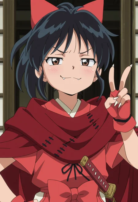 masterpiece,best quality,amazing quality,very aesthetic, absurdres, highres, newest, anime screencap,
BREAK
solo, upper body,
BREAK
<lora:moroha_illustrious:0.8>, moroha, 1girl, brown eyes, black hair, ponytail, hair bow,Japanese clothes, cape, fingerless gloves, v, sharp fingernails,
smug, fang,