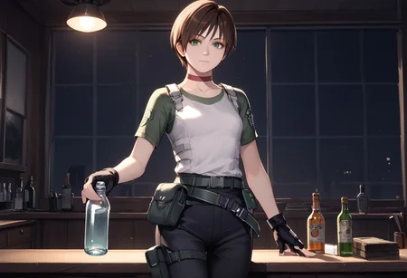score_9, score_8_up, score_7_up, rebecca-chambers, resident evil, 1girl, fingerless gloves, brown hair, gloves, short hair, solo, choker, pants, flashlight, green eyes, belt, bottle, pouch, shirt, holding bottle, black gloves, holding, belt pouch, black pants, looking at viewer<lora:RE0_Rebecca_Chambers:1>