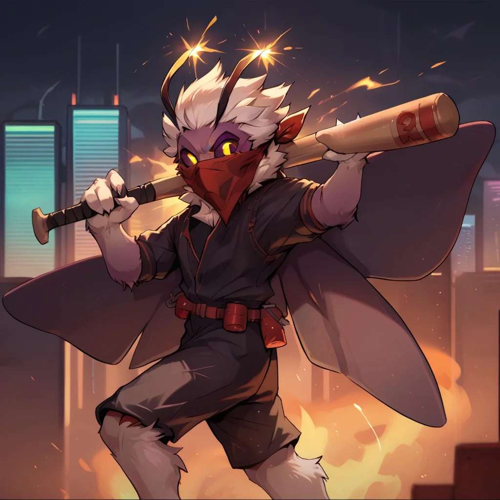 score_9_up, score_8_up, score_7_up, mollo, 1boy, moth, insect, grey fur, white hair, black sclera, andromorph, antenna, solo, furry, moth wings, insect legs, black clothing, red bandana, glowing eyes, yellow eyes, lit antenna, holding baseball bat, detailed background, burning city, cyberpunk, sci-fi background