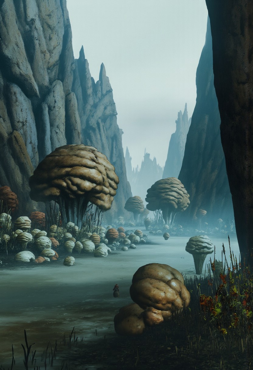 b3rs3rk macro lens d4concept pov, 3D01S, simple background d4artstyle atmospheric and powerful MikeFranchinastyle dark fantasy, natural organic and first person pov of a berserk style creature in the Tsutomu Nihei style
Alien river valley surrounded by towering rocky cliffs, covered in giant mushrooms with textured caps resembling aged leather. The mushrooms range in size, some as tall as trees while others cluster near the water's edge. The river flows gently through the valley, its surface reflecting the soft glow of bioluminescent fungi scattered along the banks. Sparse vegetation grows around the mushrooms, with twisted roots and vibrant, alien grasses adding texture to the scene. Mist rises faintly from the water, creating an ethereal atmosphere. The sky is overcast with diffused light filtering through, casting subtle shadows on the landscape.
Background solid color with a faded dimly lit, fog-covered darkness tone that emphasizes its silhouette. 
UHD letterboxed game trailer frame chromatic aberration dark atmosphere sharp masterpiece with a focus on the character, elden ring, dark atmosphere