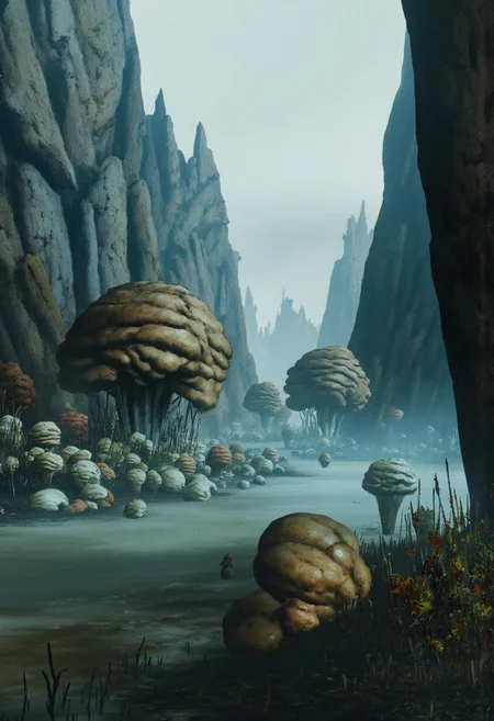 b3rs3rk macro lens d4concept pov, 3D01S, simple background d4artstyle atmospheric and powerful MikeFranchinastyle dark fantasy, natural organic and first person pov of a berserk style creature in the Tsutomu Nihei style
Alien river valley surrounded by towering rocky cliffs, covered in giant mushrooms with textured caps resembling aged leather. The mushrooms range in size, some as tall as trees while others cluster near the water's edge. The river flows gently through the valley, its surface reflecting the soft glow of bioluminescent fungi scattered along the banks. Sparse vegetation grows around the mushrooms, with twisted roots and vibrant, alien grasses adding texture to the scene. Mist rises faintly from the water, creating an ethereal atmosphere. The sky is overcast with diffused light filtering through, casting subtle shadows on the landscape.
Background solid color with a faded dimly lit, fog-covered darkness tone that emphasizes its silhouette.
UHD letterboxed game trailer frame chromatic aberration dark atmosphere sharp masterpiece with a focus on the character, elden ring, dark atmosphere