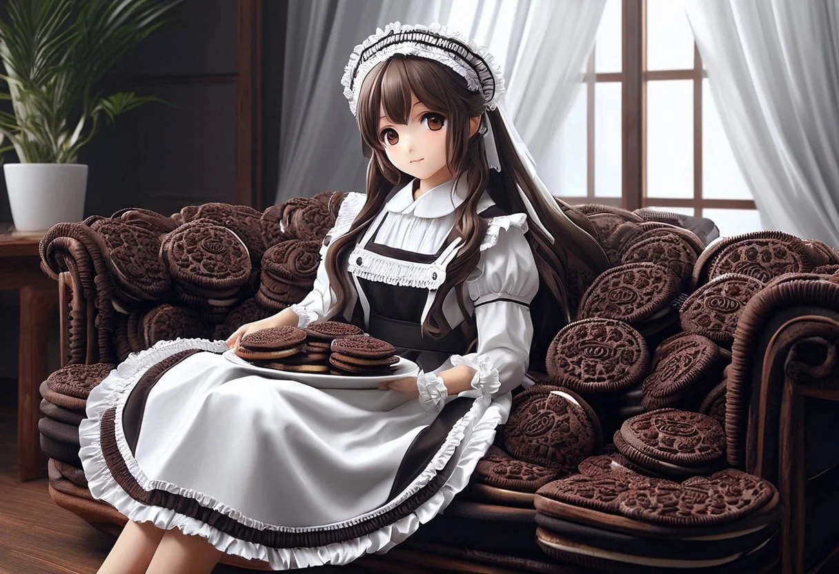 (masterpiece, 2.5D), (score_9, score_8_up, score_7_up,source_anime), (ultra-detailed,24K), best quality, CG, illustration,
(Japanese cute girl, hugging the large cookie, sitting on couch, room inside made of creamy cookies),
(solo:1.3),
brown medium hair, long curtain bangs, hal-up hair, Hair ornaments, sunglasses, ultra-detailed eyes, brown eyes,
(slim, medium breasts),
wearing maid uniform made of creamy cookies, , maid apron, maid headdress, long sleeves
backlighting black background,