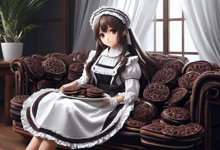 (masterpiece, 2.5D), (score_9, score_8_up, score_7_up,source_anime), (ultra-detailed,24K), best quality, CG, illustration, 
(Japanese cute girl, hugging the large cookie, sitting on couch, room inside made of creamy cookies), 
(solo:1.3), 
brown medium hair, long curtain bangs, hal-up hair, Hair ornaments, sunglasses, ultra-detailed eyes, brown eyes, 
(slim, medium breasts), 
wearing maid uniform made of creamy cookies,   , maid apron, maid headdress, long sleeves 
backlighting black background,