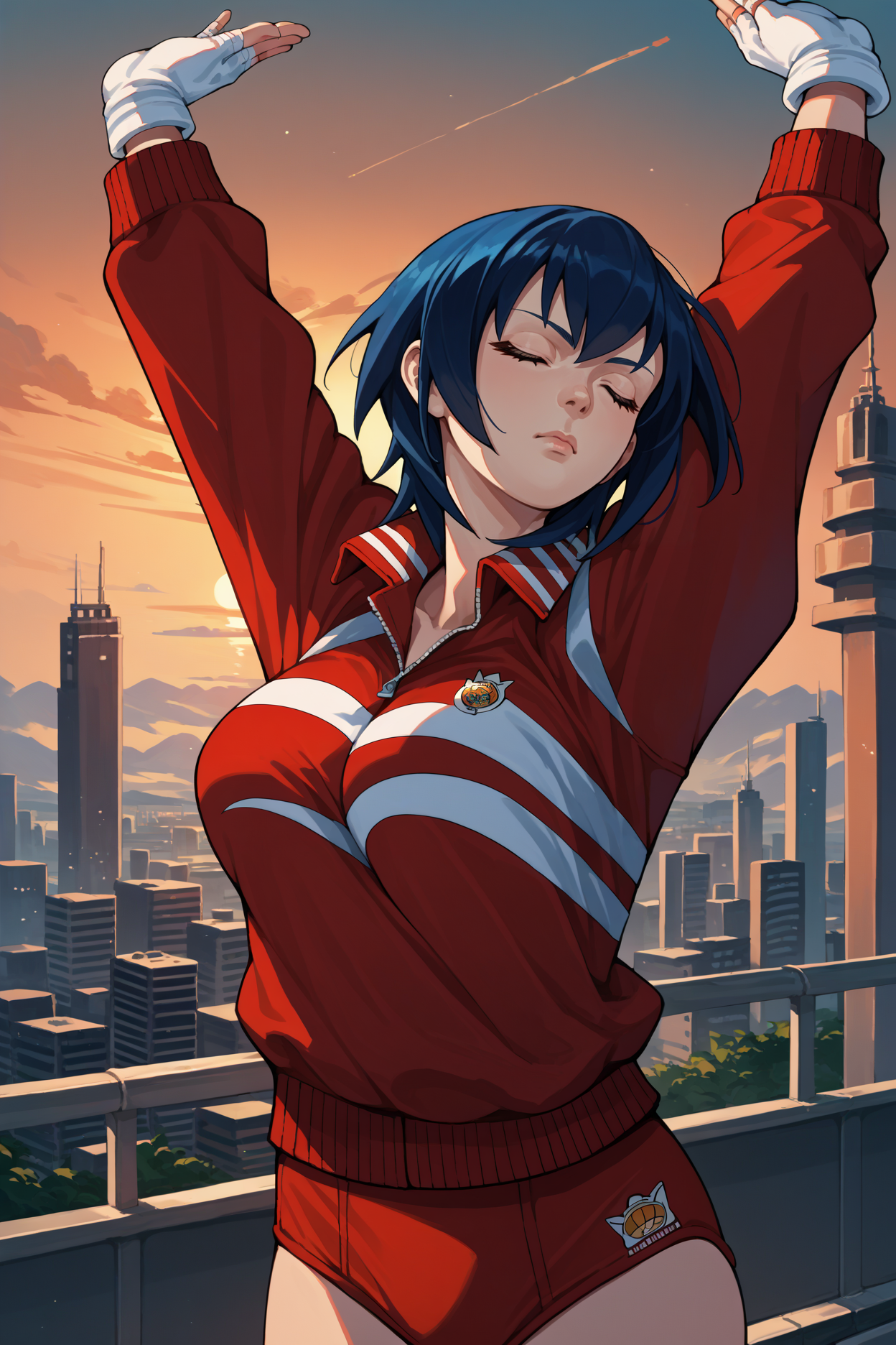 score_9, score_8_up, score_7_up, score_6_up, source_anime, 1girl, solo  <lora:natsuayuhara-pdxl-nvwls-v1-000006:1> ayuharanatsu, dark blue hair, short hair, black eyes, big breasts, red jacket, track jacket, red buruma, white gloves, fingerless gloves, stretching, sunset, cityscape, closed eyes