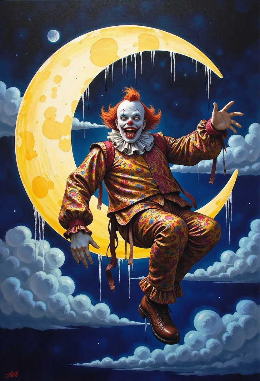 Detailed oil painting, dark fantasy style. A sinister clown sitting on a glowing crescent moon, surrounded by ethereal clouds. The clown wears a vibrant, tattered costume with exaggerated features, including a menacing grin and wild hair. The moon emits a soft, luminous light contrasting with the dark, ominous atmosphere. Icicles hang from the moon, adding a chilling effect. The composition is dramatic and eerie, with intricate details and a moody ambiance, creating a captivating and unsettling visual experience