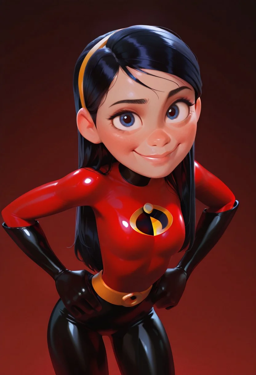 Violet parr \(the incredibles\), 1girl, solo, long hair, breasts, looking at viewer, smile, simple background, black hair, gloves, hairband, small breasts, black gloves, belt, lips, bodysuit, leaning forward, skin tight, hands on hips, latex, red bodysuit, (masterpiece),(best quality),(ultra-detailed), very aesthetic, artist:, {prompt}, masterpiece, best quality, good quality, newest, very awa, absurdres, highres,