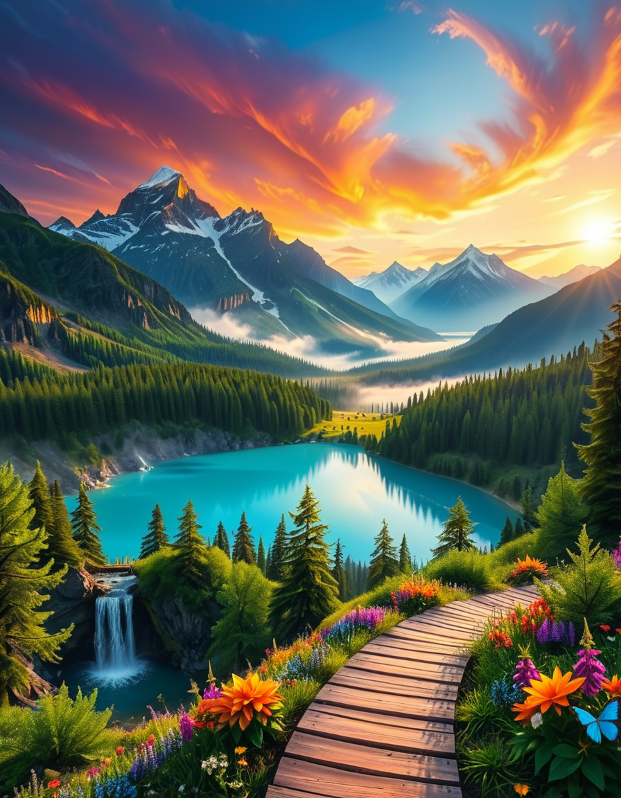A breathtaking, high-resolution photograph of the most beautiful place on Earth, where natureâs wonders blend in perfect harmony. Towering, snow-capped mountains rise majestically in the background, their peaks glowing under the golden hues of a setting sun. Below, a crystal-clear turquoise lake reflects the colors of the sky, surrounded by lush, green forests filled with ancient trees, vibrant wildflowers, and cascading waterfalls. A soft mist rises from the valley, adding a dreamlike quality to the scene. In the distance, rolling meadows stretch toward the horizon, dotted with colorful flowers and serene wildlifeâgraceful deer grazing, birds soaring in the sky, and butterflies dancing in the breeze. A wooden footpath winds through the landscape, leading to a secluded, tranquil spot where the beauty of nature can be fully admired. The air is crisp and filled with the soothing sounds of rustling leaves, flowing water, and distant birdsong. The sky above is a masterpiece of colorsâdeep oranges, purples, and pinks blending seamlessly as the sun sets, casting a magical glow over this untouched paradise. The atmosphere is peaceful, awe-inspiring, and filled with a deep sense of wonder and tranquility, as if stepping into a perfect dream.
<lora:SDXLFaeTastic2400:0.4> <lora:extremely_detailed:0.4> extremely detailed, <lora:Earth_P4r4d1s3:1>,Earth P4r4d1s3, Masterpiece,best quality,hi res,8k,hi res,8k,award winning,(sharp focus, intricate, highly detailed),