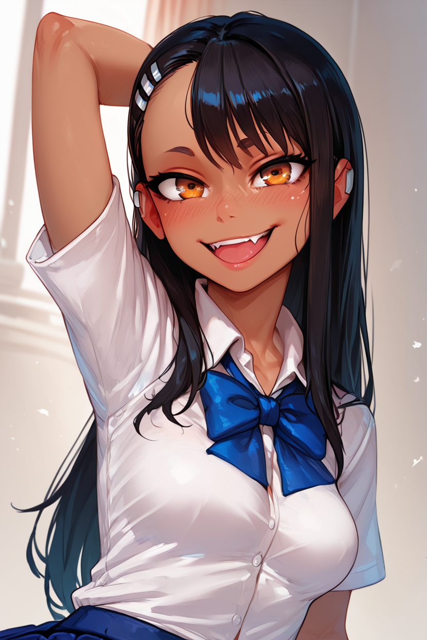 score_9, score_8_up, score_8, medium breasts, (curvy), cute, eyelashes,       BREAK, , BREAK, nagatoro hayase, long hair, bangs, black hair, hair ornament, brown eyes, hairclip, fang, dark skin, dark-skinned female, tan, skirt, shirt, school uniform, white shirt, pleated skirt, nail polish, blue skirt, red nails, earclip, <lora:NagatoroHayasePDXL_v1:0.8>,, <lora:IncaseStyle_PDXL:1.0>, , BREAK,  smile, looking at viewer, upper body,  embedding:zPDXL, Expressiveh, <lora:SDXLFaeTastic2400:0.5>,  <lora:Expressive_H-000001:0.4>,
