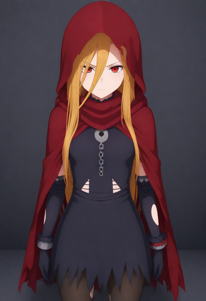 masterpiece, best quality, amazing quality,,, shiny skin,,,,,, <lora:Evileye:1> N4rb3r4lG4mm4, red eyes, blonde hair, very long hair, hair between eyes, torn clothes, hood, pantyhose, black dress, gloves, chain, hooded cloak, shackles,