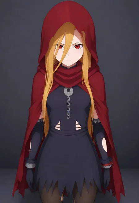 masterpiece, best quality, amazing quality,,, shiny skin,,,,,, <lora:Evileye:1> N4rb3r4lG4mm4, red eyes, blonde hair, very long hair, hair between eyes, torn clothes, hood, pantyhose, black dress, gloves, chain, hooded cloak, shackles,