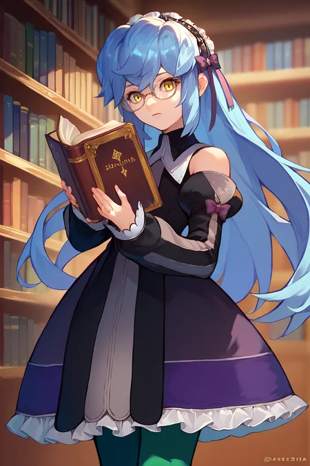 score_9, score_8_up, score_7_up, score_6_up, source_anime, 1girl, solo, <lora:xfkatrina-pdxl-nvwls-v1-000005:1> xfKatrina, blue hair, yellow eyes, long hair, hairband, black dress, detached sleeves, green pantyhose, holding book, library, glasses, looking at you