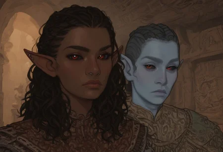 safe_pos, solo, short pointy ears, piercings, random elf face, aquiline features, dark elf, medium dark skin, weathered skin, large nose, animated realism, zoomed out, Syrian features, torso, brass pipes and gears, intricate architecture, dwarven masonry, dwemer fixtures, white-green light, gloomy lighting, ancient ruins, interior, stone tiled floor, grey-blue skin, mahogany and ivory clothes, medium armor, bone plate armor, ivory straps and fittings, grey wood neckguard, dark red sclera, black pupils, distant mushroom forest, blue-green light, neon, highly detailed, defined features, looking at viewer, three quarters view, from front, dynamic lighting, 36 years old, light and shadows, patterned cloth, annoyed expression, expressive eyes, detailed medieval clothes, medium_breasts, cropped hair, wavy hair, thick hair, beaded hair, braided hair, under cut hair, semirealistic, alien elf, spanish features, jewish features, black hair, dark red hair, umber skin, sharp features, pastel green berber print cloak, nighttime, high detail, absurdres, pretty eyes, detailed eyes, red eyes,