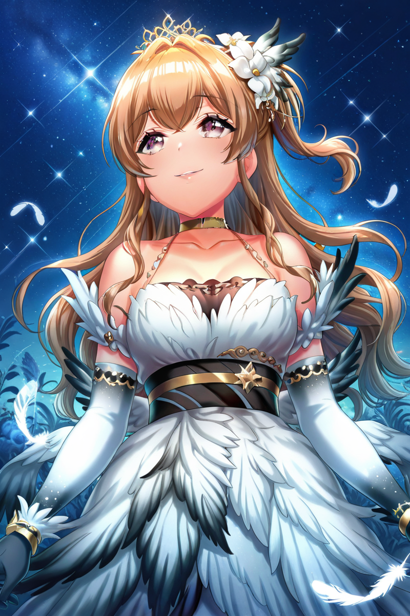 masterpiece, best quality, amazing quality,
 <lora:Kase_IL:1> kase, 1girl, gloves, solo, long hair, hair ornament, smile, dress, feathers, elbow gloves, flower, star (sky), starry sky, sky, white dress, choker, night, tiara, night sky, hair flower, brown hair, collarbone
