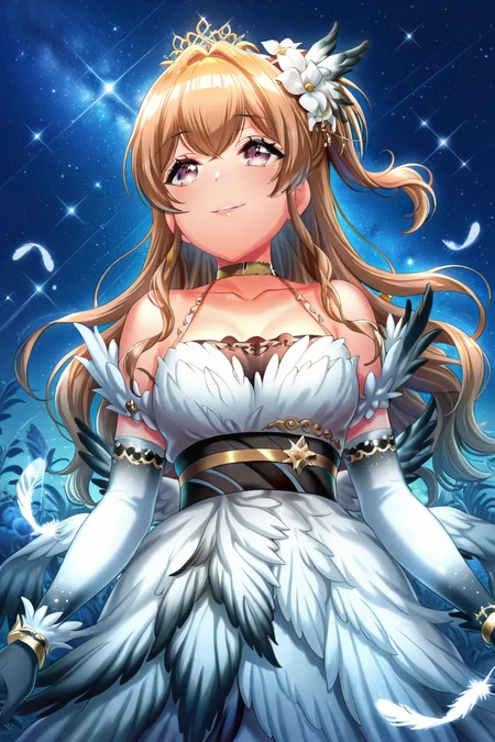 masterpiece, best quality, amazing quality,
<lora:Kase_IL:1> kase, 1girl, gloves, solo, long hair, hair ornament, smile, dress, feathers, elbow gloves, flower, star (sky), starry sky, sky, white dress, choker, night, tiara, night sky, hair flower, brown hair, collarbone