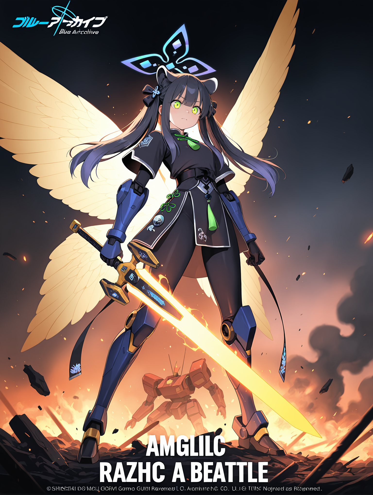 1girl,solo,science fiction, ,blue archive, shun \(blue archive\),Mecha Girl, angelic cosplay, holding a glowing sword, shimmering wings, advanced armor, determined expression, standing heroically, powerful stance, glowing aura, intense gaze, ready for battle, ravaged battlefield, destroyed mechs, smoke and fire, glowing energy particles, dramatic lighting, battle effectiveness award, movie poster frame, cinematic filter, vibrant colors, explosive effects,
,masterpiece,best quality,amazing quality,