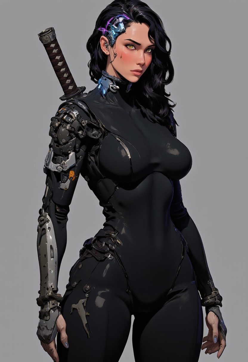 An asian-american woman in her late twenties in a tight black body suit, with assymetrical black hair with purple and blue highlights on one side. She has one cybernetic eye, it glows blue. She is lithe and graceful but also full bodied, in a tight black combat suit. She has a katana on her back and she is looking at the camera in a sultry pose, her fingertips are silver metal, and she is slim.