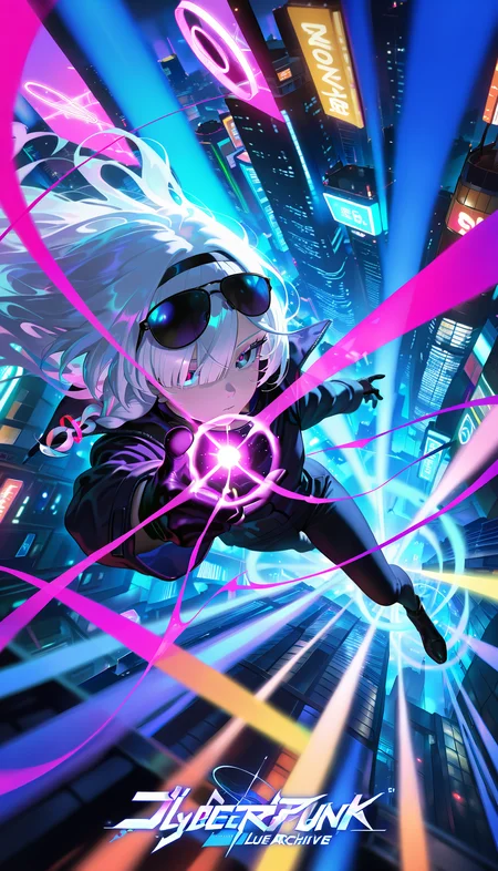 masterpiece, best quality, amazing quality, very aesthetic, absurdres, newest, scenery, 1girl, expressionless, night, plana \(blue archive\), text "BLUE FUNK", gojou satoru \(cosplay\), sunglasses, white hair, black gloves, jacket, pointing at viewer, dutch angle, from above, casting spell, purple magic, glowing eyes, close-up, , photorealistic, close-up, poster \(medium\), dutch angle, from above, (wide shot), cyberpunk, neon, dark background, rain, close-up, dutch angle, city, (colorful), from above, dynamic pose, ((wide shot)), LOGO, poster \(medium\), , masterpiece, best quality, amazing quality, very aesthetic, absurdres, newest, scenery, volumetric lighting