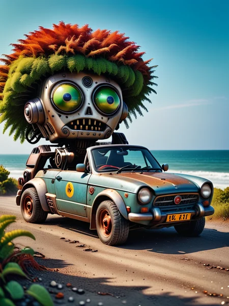 [photo focus on  robopop 1 mecha,( robot driving:1.1),  cabrio offroad car,  one-eyed, seaside, alien trees
 <lora:Robopop:0.75>, film, professional, 4k, highly detailed, absurdres, detailed, macro details, 8k, hyper realistic, texture surface details] logo in grafitti style font, key visual, hdr, simple background, by, form, orange green red blue theme