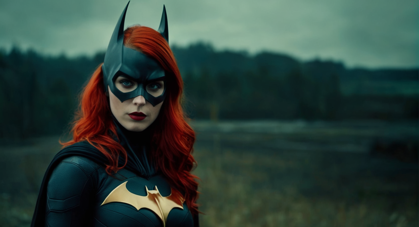 Dark Fantasy Art of (Cinematic Film stock footage style) in (arri alexa style) (Kodak film print style),
 <lora:Batgirl:1>
Batgirl a woman with red hair wearing a mask, dark, moody, dark fantasy style