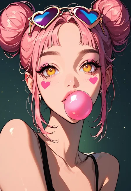 masterpiece,best quality, highly detailed, score_9, score_8_up, score_7_up, score_6_up, source_anime,
 BREAK
1girl, heart-shaped sunglasses, feline golden eyes, button nose, bubblegum-pink lips
BREAK
neon-green space buns, glitter tears, holographic stickers on cheeks, snakebite piercings
 BREAK
dynamic light, warm_light, warm_colors, high contrast, depth of field, golden hour lighting, dramatic shadows, rich details,