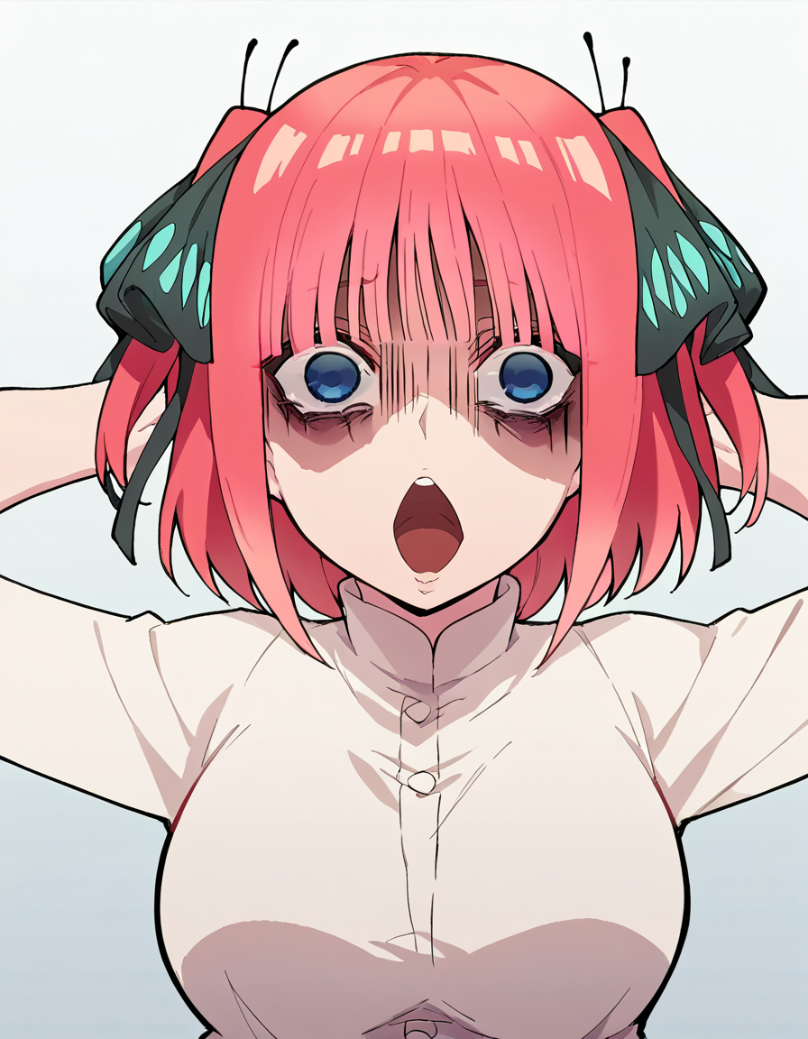 score_9, score_8_up, score_7_up, source_anime, <lora:nnakano-s2-ponyxl-lora-nochekaiser:1>, short hair, bangs, blue eyes, hair ornament, hair ribbon, pink hair, blunt bangs, two side up, butterfly hair ornament, large breasts,, <lora:shocked-black-guy-ponyxl-lora-nochekaiser:1> shocked black guy, open mouth, looking at viewer, hands behind head, shaded face,, , ,