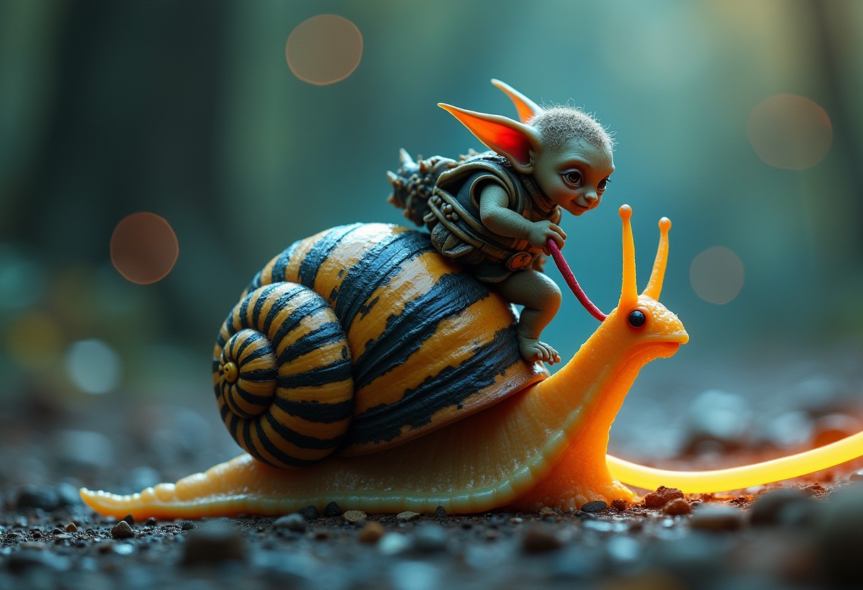 a tiny goblin jockey riding on the back of a giant snail, neon reins,the snail's shell is striped black and yellow, slime trail, neon bokeh, in the style of a fantasy painting